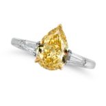 A 2.02 CARAT FANCY YELLOW DIAMOND RING set with a pear cut yellow diamond of 2.02 carats accented...