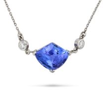 A TANZANITE AND DIAMOND NECKLACE set with a fancy cut tanzanite of 2.45 carats between two round ...