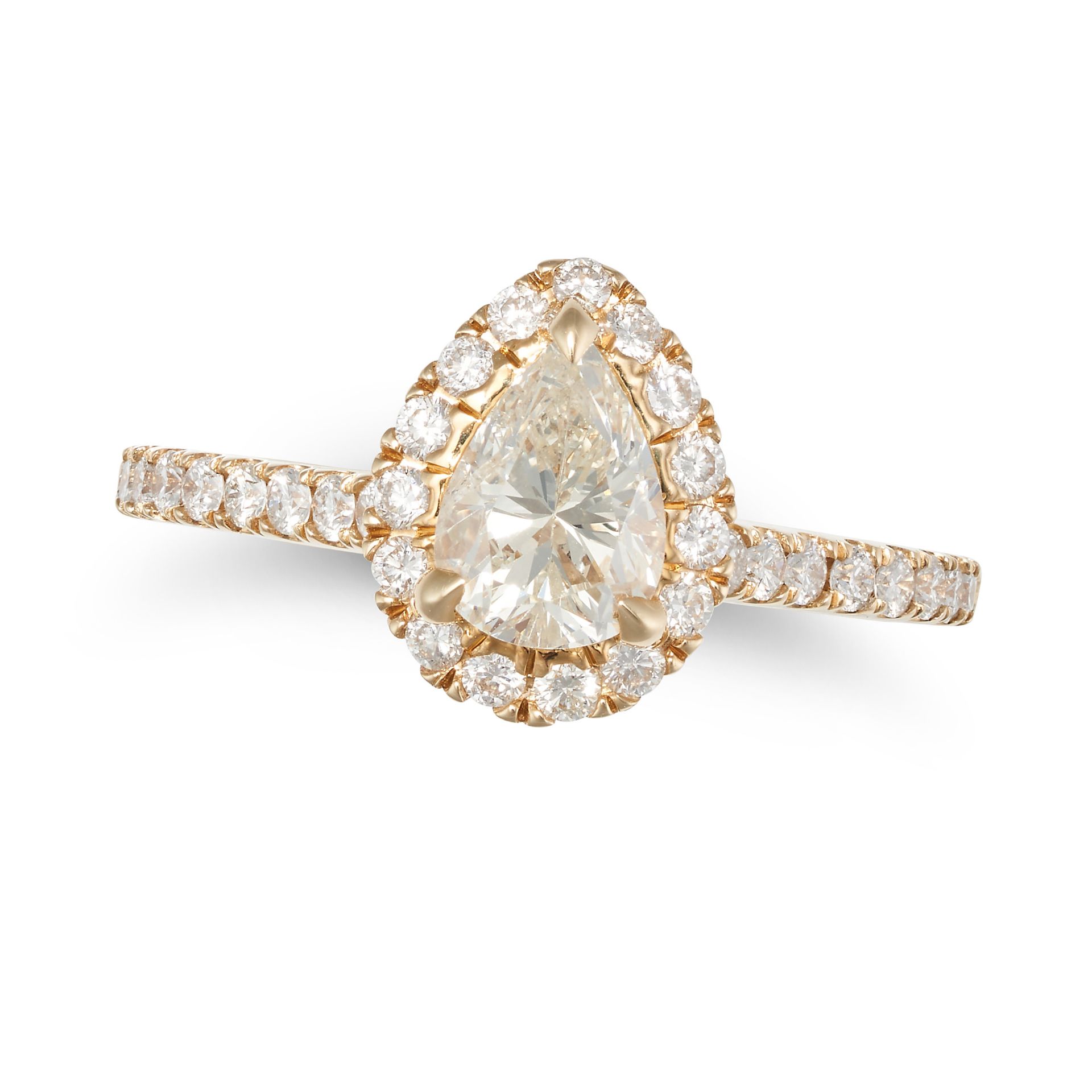 A DIAMOND ENGAGEMENT RING set with a pear cut diamond of approximately 0.60 carats in a border of...