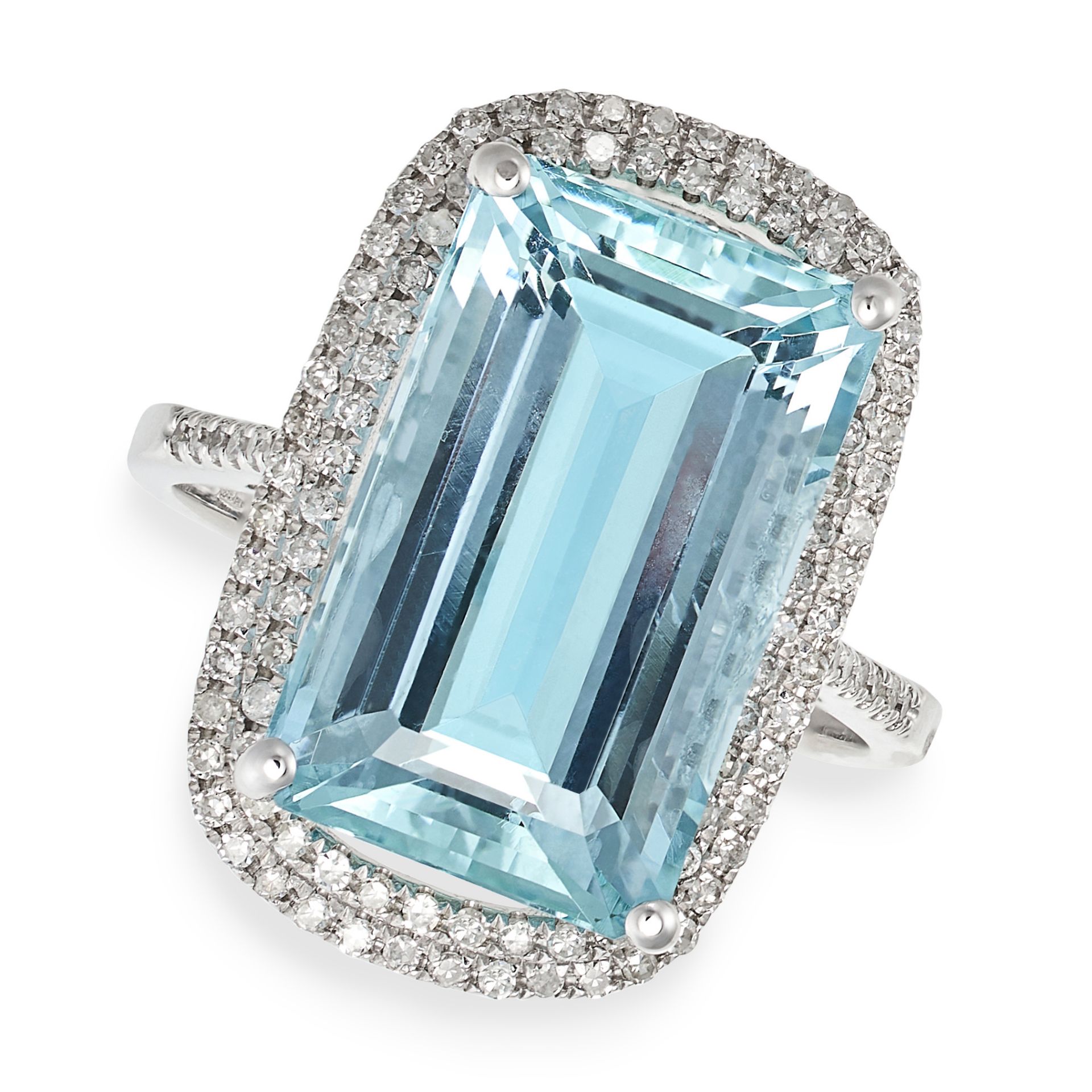 AN AQUAMARINE AND DIAMOND RING set with an octagonal step cut aquamarine of 8.71 carats in a doub...