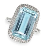 AN AQUAMARINE AND DIAMOND RING set with an octagonal step cut aquamarine of 8.71 carats in a doub...