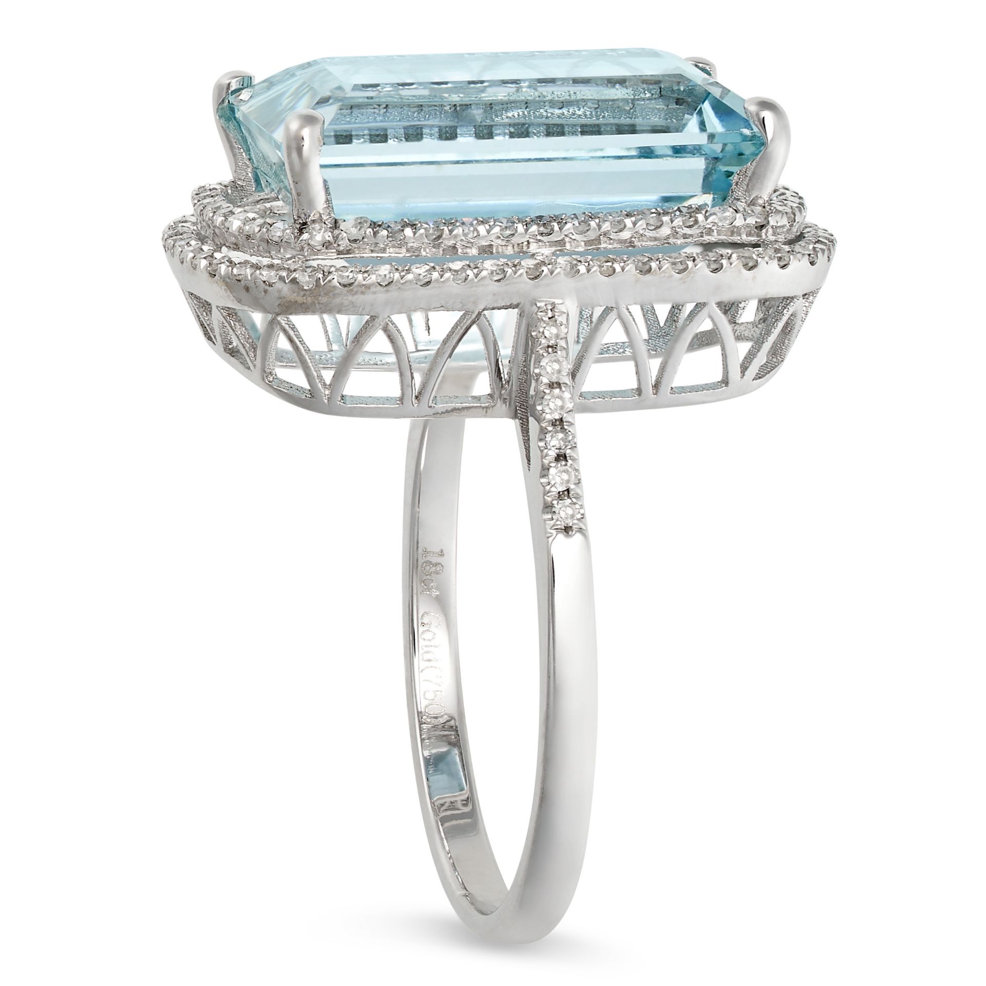 AN AQUAMARINE AND DIAMOND RING set with an octagonal step cut aquamarine of 8.71 carats in a doub... - Image 2 of 2