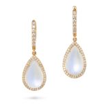 A PAIR OF MOONSTONE AND DIAMOND DROP EARRINGS in 18ct yellow gold, each comprising a hoop set wit...
