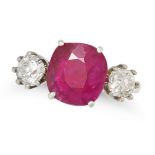 A 4.03 CARAT BURMA NO HEAT RUBY AND DIAMOND THREE STONE RING in 18ct yellow gold, set with a cush...