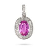 AN UNHEATED PINK SAPPHIRE AND DIAMOND PENDANT set with an oval cut pink sapphire of approximately...