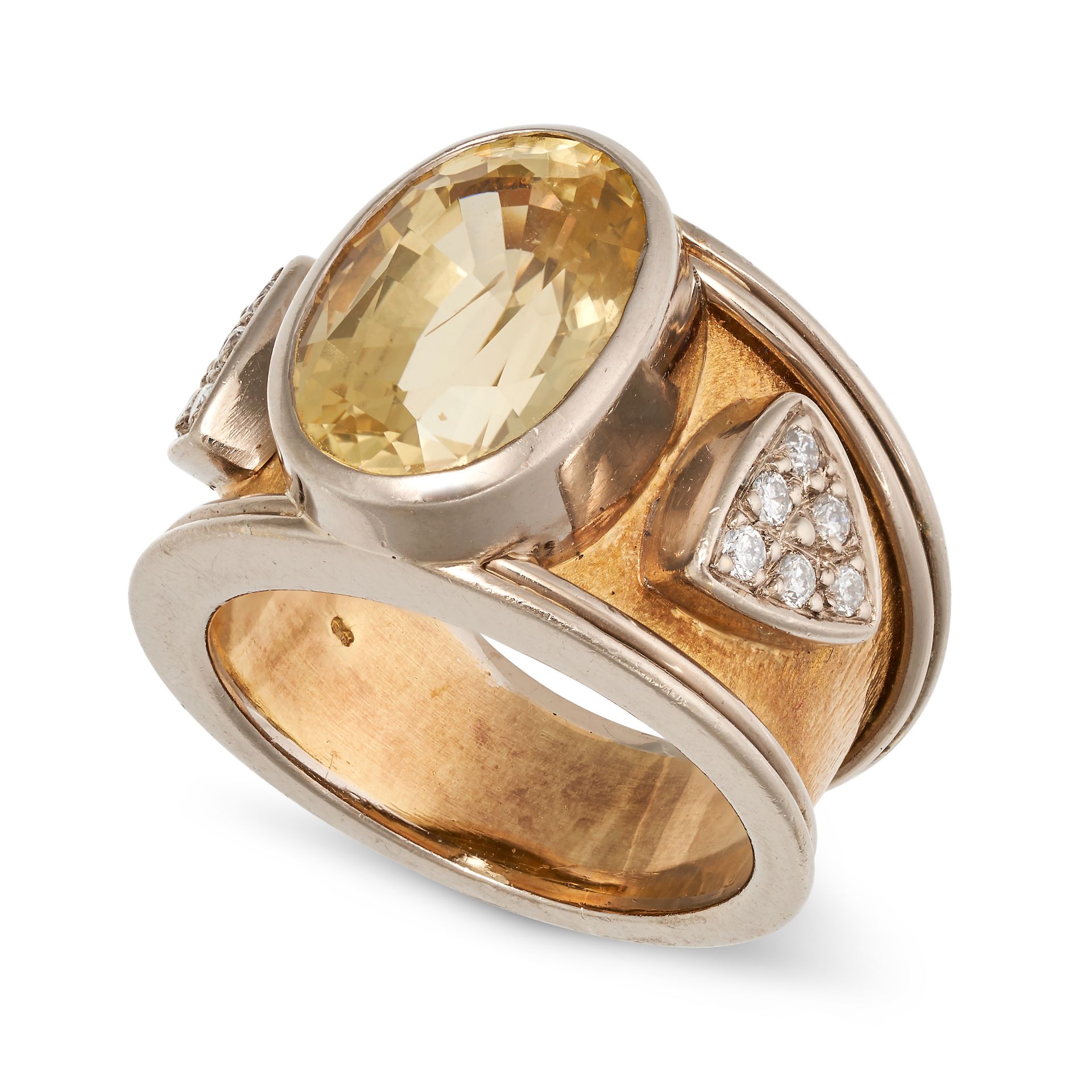 A YELLOW SAPPHIRE AND DIAMOND RING in 18ct yellow and white gold, the tapering band set with an o... - Image 2 of 2
