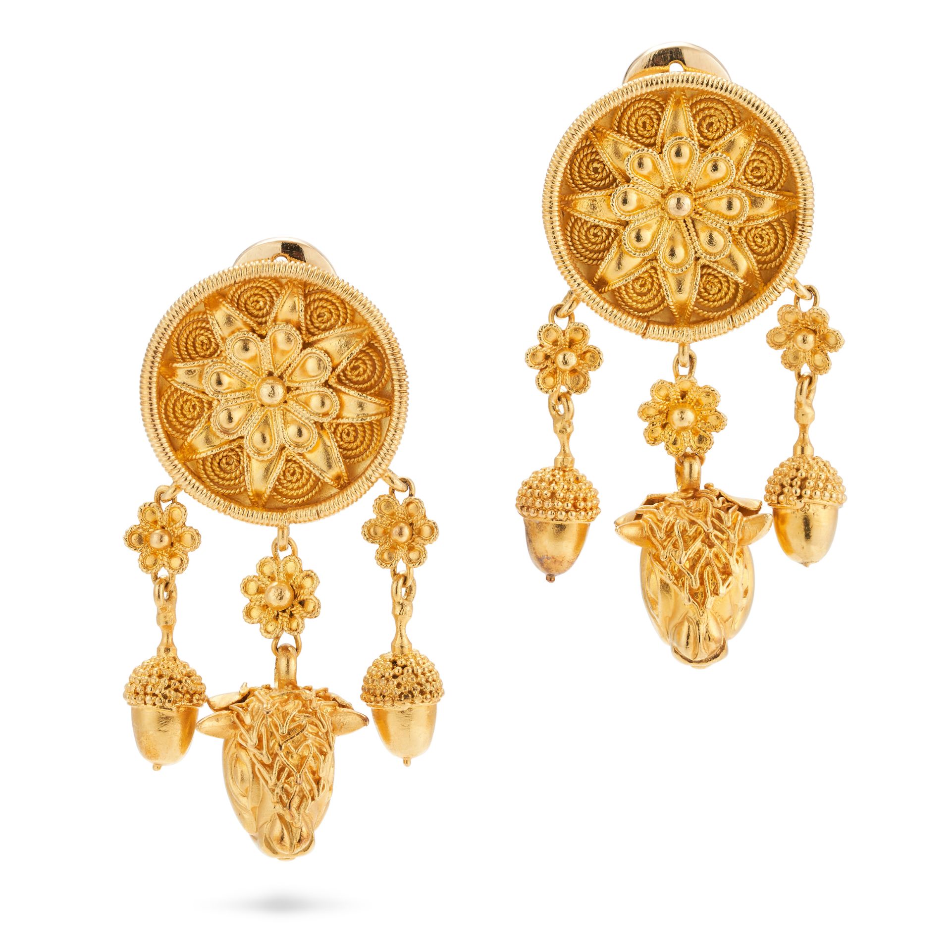 LALAOUNIS, A PAIR OF GOLD DROP EARRINGS each in Etruscan revival design, suspending three articul...