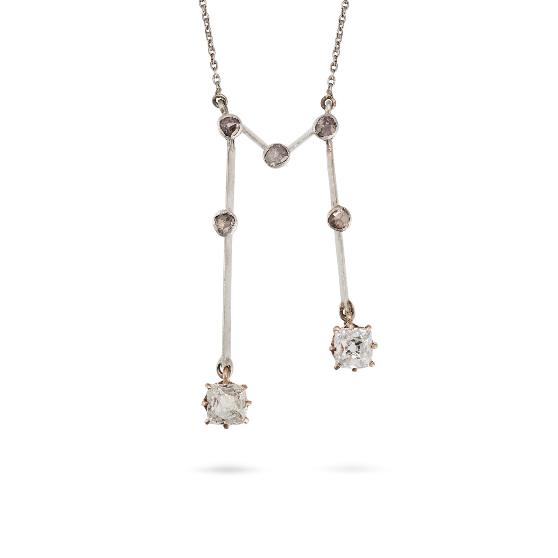 AN ANTIQUE DIAMOND NEGLIGEE PENDANT NECKLACE the pendant set with rose cut diamonds suspending tw...