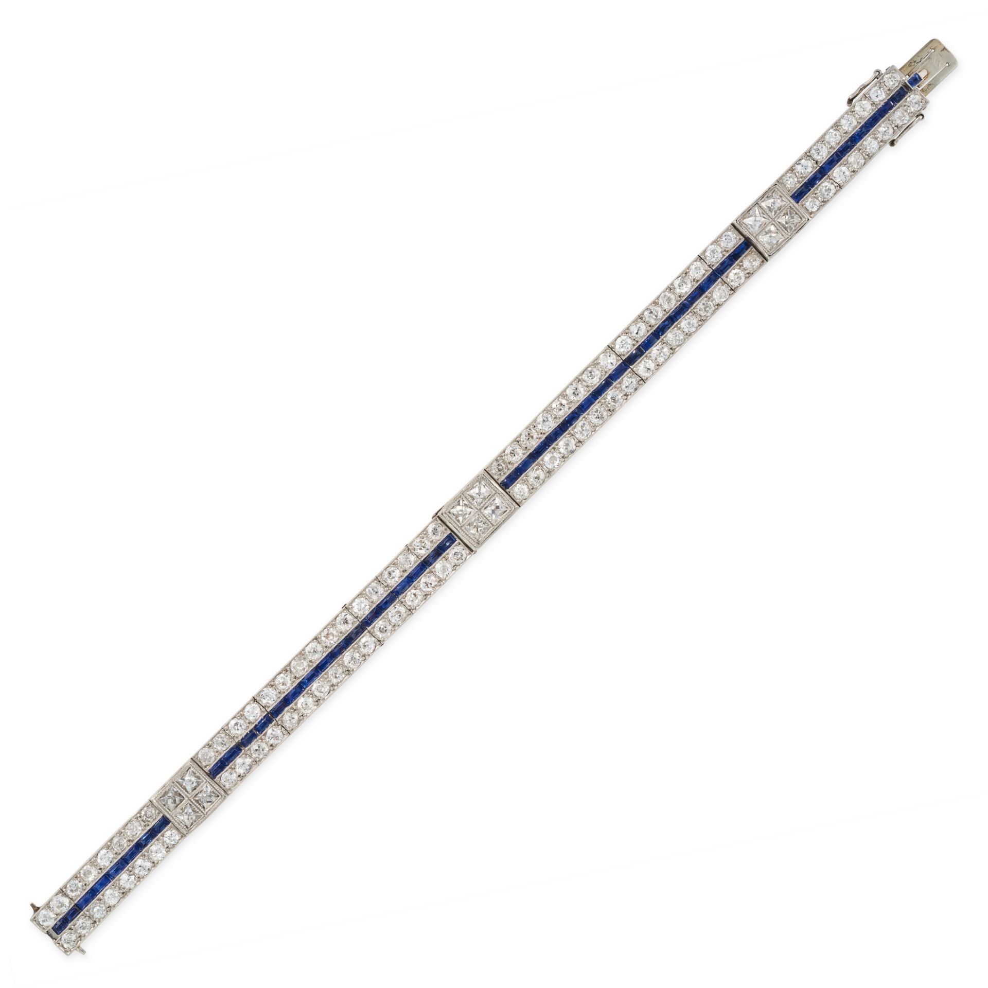 AN ART DECO SAPPHIRE AND DIAMOND BRACELET in white gold, comprising two rows of old cut diamonds ...