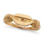 AN ANTIQUE EGYPTIAN REVIVAL WINGED SCARAB RING in high carat yellow gold, engraved with a winged ...