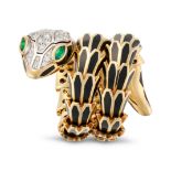 ALEXIS NY, A DIAMOND, EMERALD AND ENAMEL SNAKE RING comprising a row of articulated links decorat...