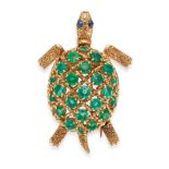 CARTIER, A VINTAGE EMERALD AND SAPPHIRE TURTLE BROOCH in 18ct yellow gold, the shell set with rou...