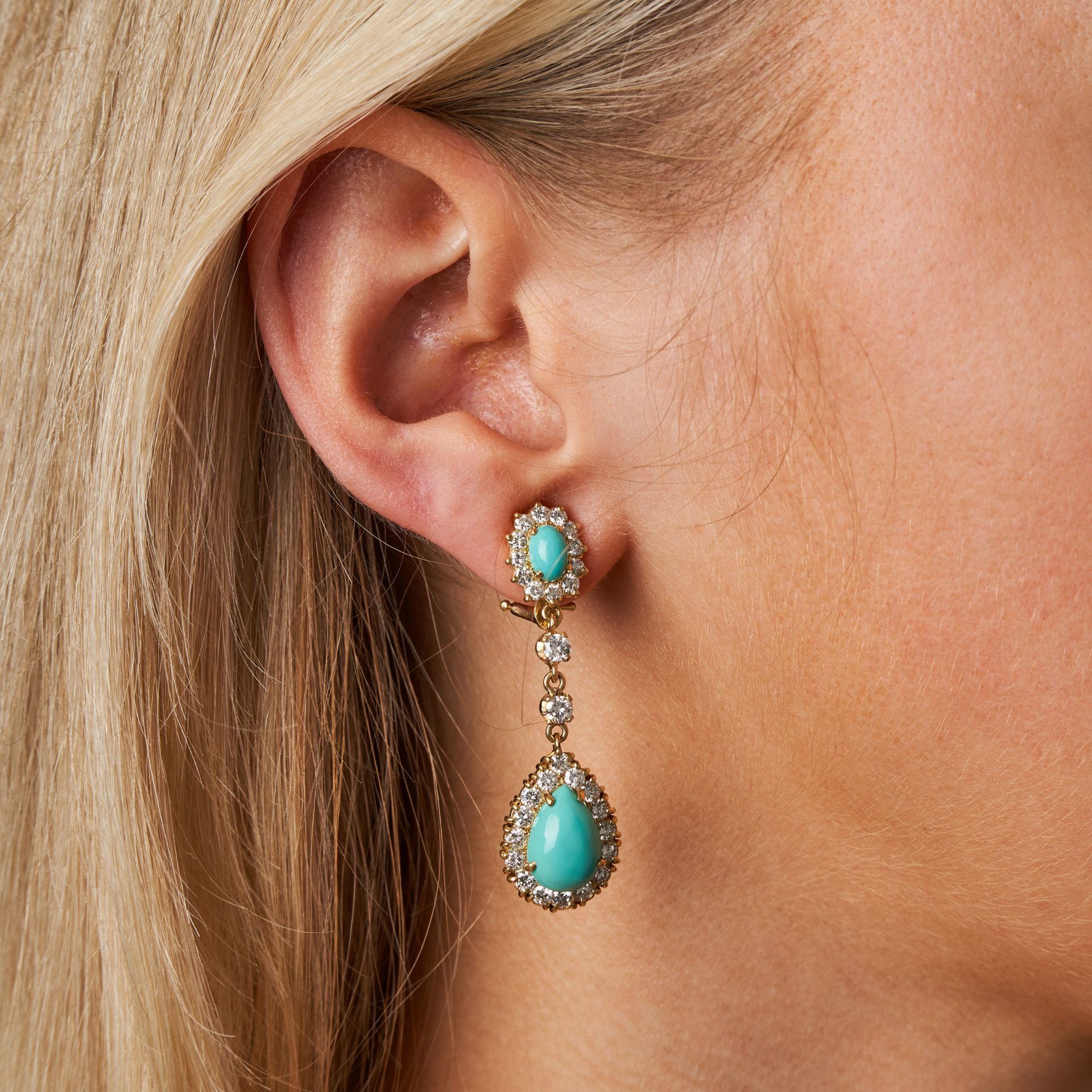 A PAIR OF TURQUOISE AND DIAMOND DROP CLIP EARRINGS each comprising a oval cabochon turquoise in a... - Image 2 of 2