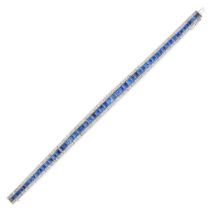 A SAPPHIRE AND DIAMOND LINE BRACELET comprising a row of square and rectangular step cut sapphire...