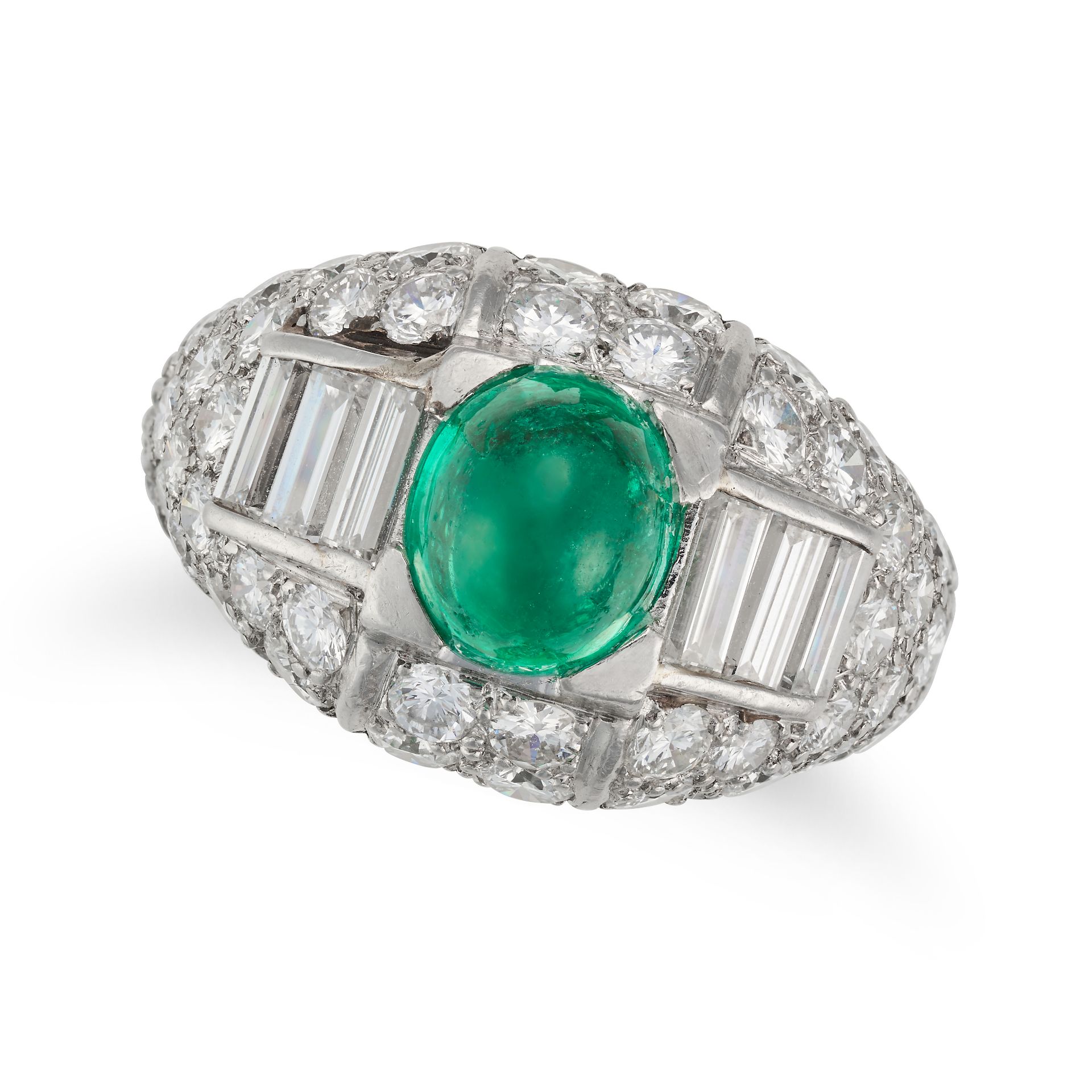 CARTIER, A FINE EMERALD AND DIAMOND RING in platinum, set with an oval cabochon emerald of approx...