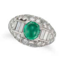 CARTIER, A FINE EMERALD AND DIAMOND RING in platinum, set with an oval cabochon emerald of approx...