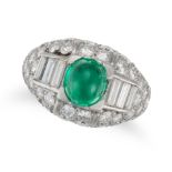 CARTIER, A FINE EMERALD AND DIAMOND RING in platinum, set with an oval cabochon emerald of approx...