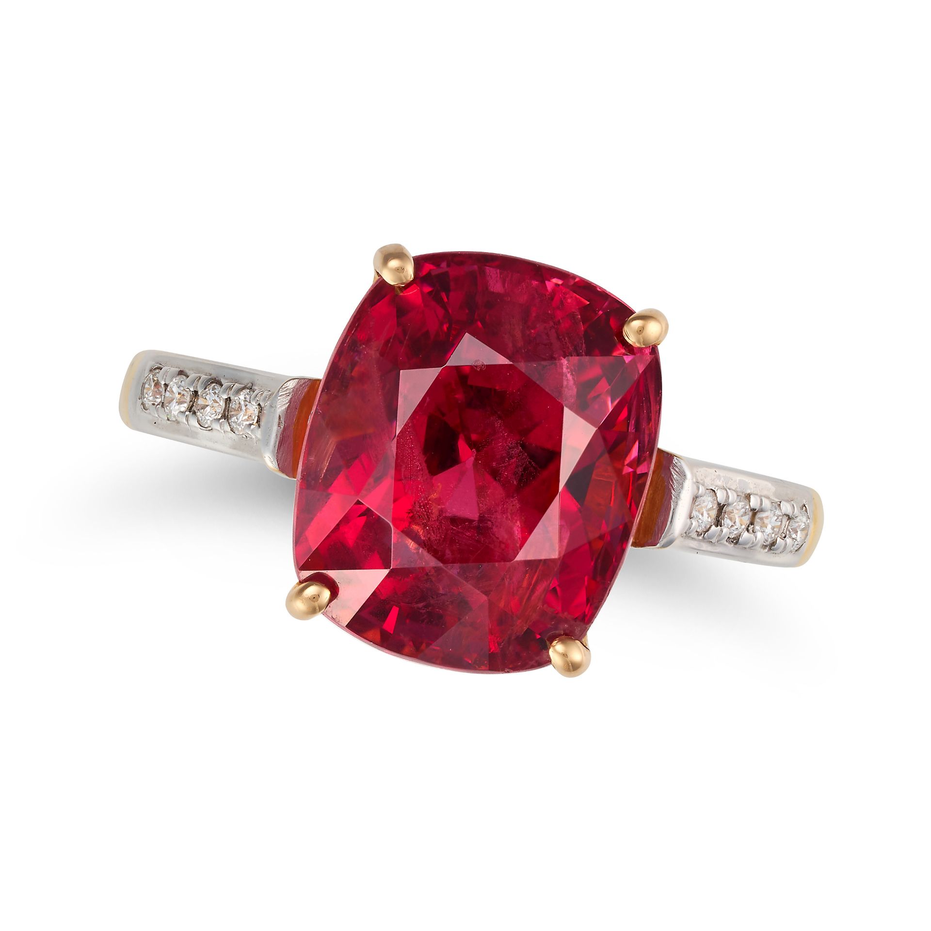 A 8.85 CARAT BURMA NO HEAT SPINEL AND DIAMOND RING in 18ct yellow gold, set with a cushion cut sp... - Image 2 of 3
