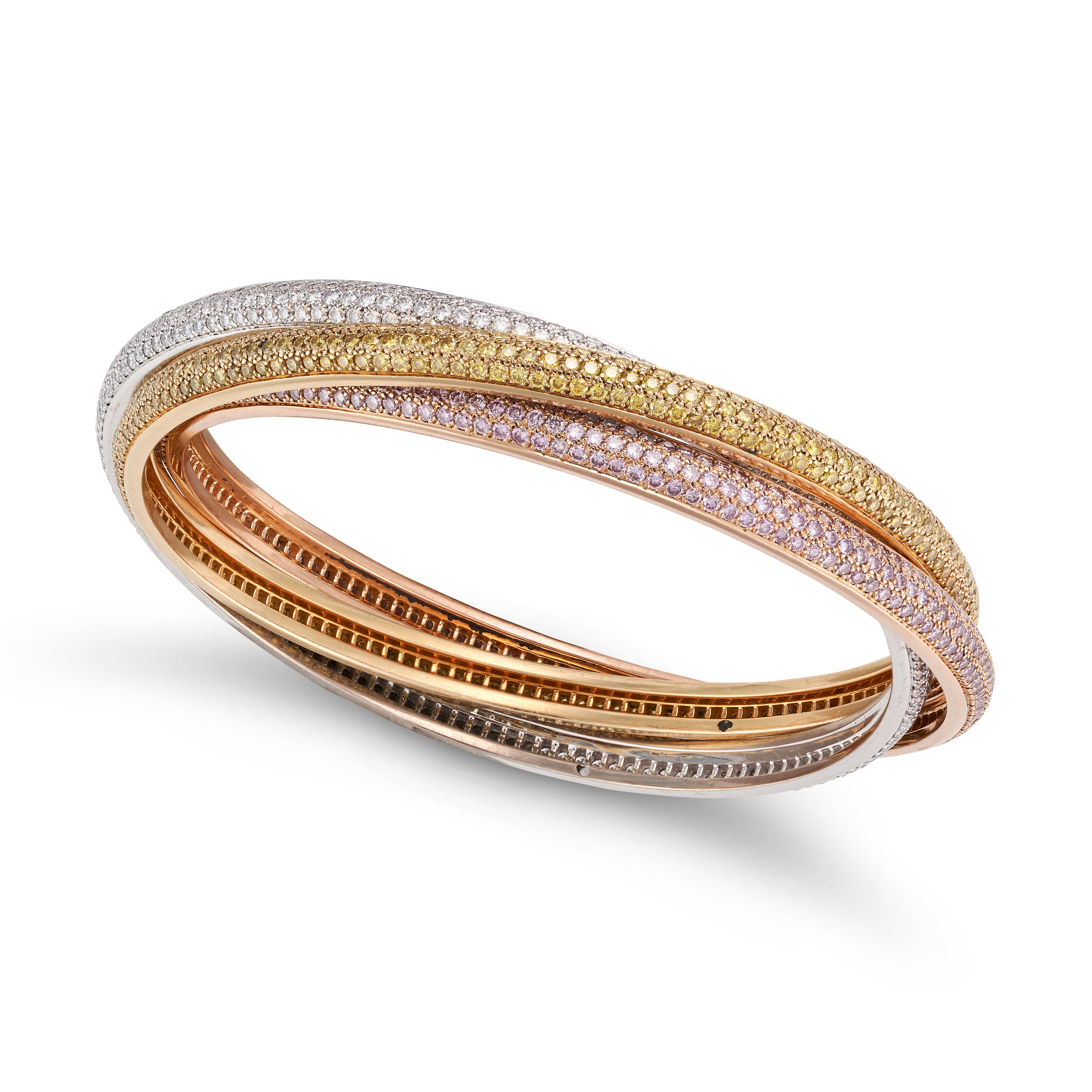 CARTIER, A RARE PINK, YELLOW AND WHITE DIAMOND TRINITY BANGLE in 18ct yellow, white and rose gold... - Image 2 of 3