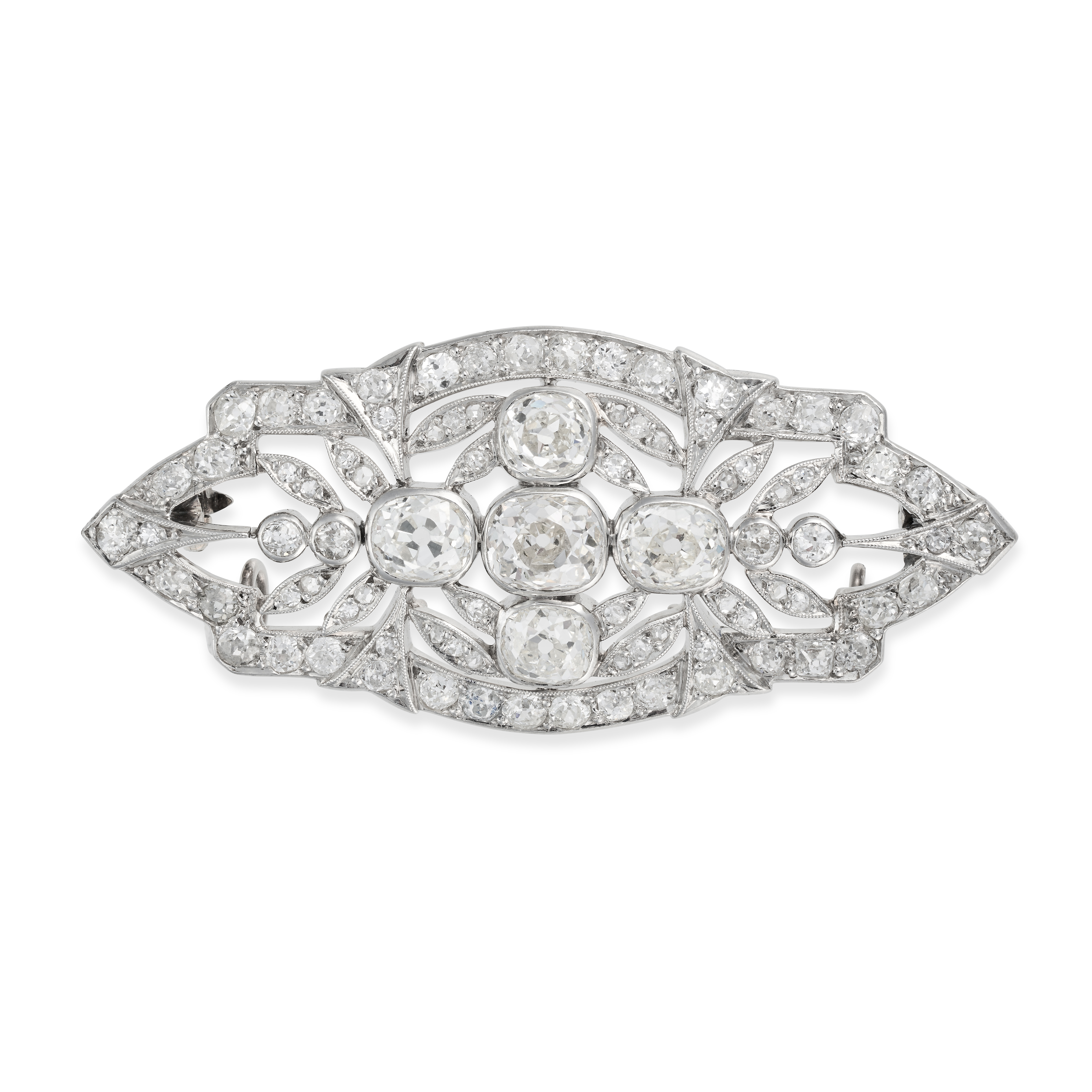 AN ANTIQUE FRENCH DIAMOND BROOCH in 18ct white gold and platinum, the openwork foliate style broo...