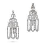 A PAIR OF DIAMOND CHANDELIER DROP EARRINGS each comprising scrolling links set throughout with ro...