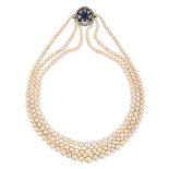 A THREE ROW NATURAL SALTWATER PEARL, SAPPHIRE AND DIAMOND NECKLACE comprising three rows of gradu...