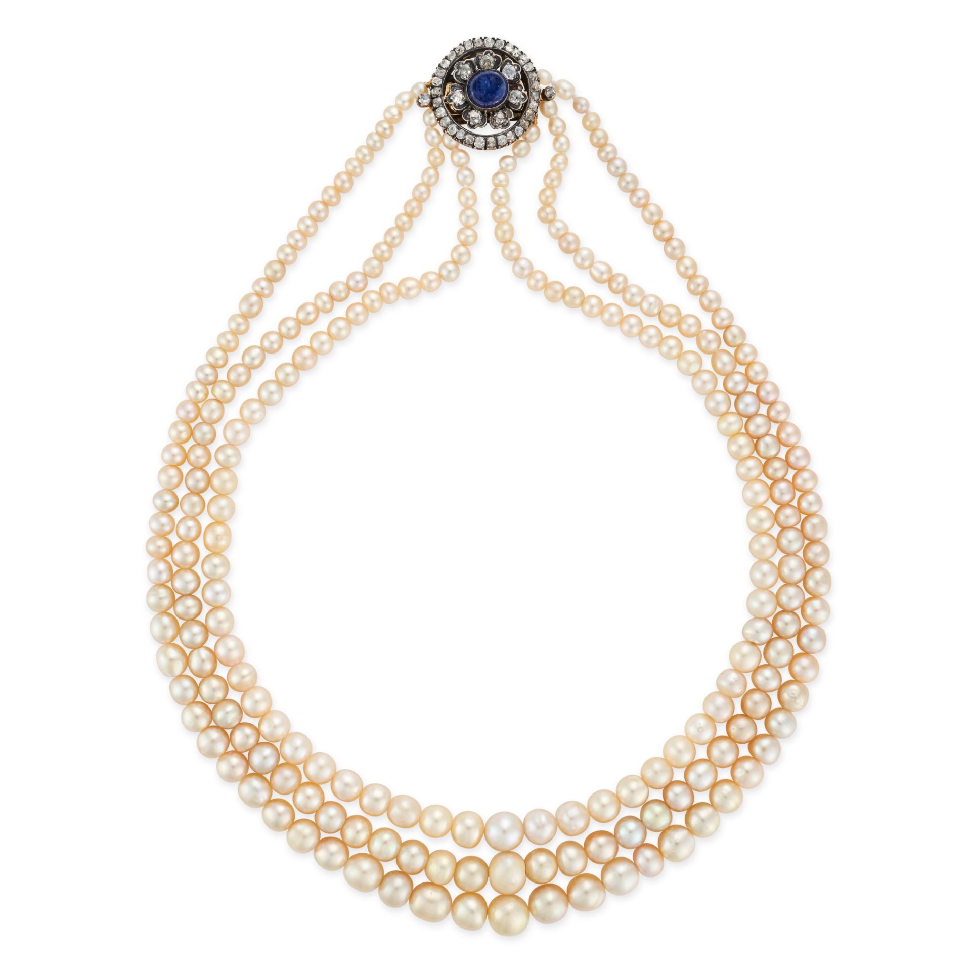 A THREE ROW NATURAL SALTWATER PEARL, SAPPHIRE AND DIAMOND NECKLACE comprising three rows of gradu...
