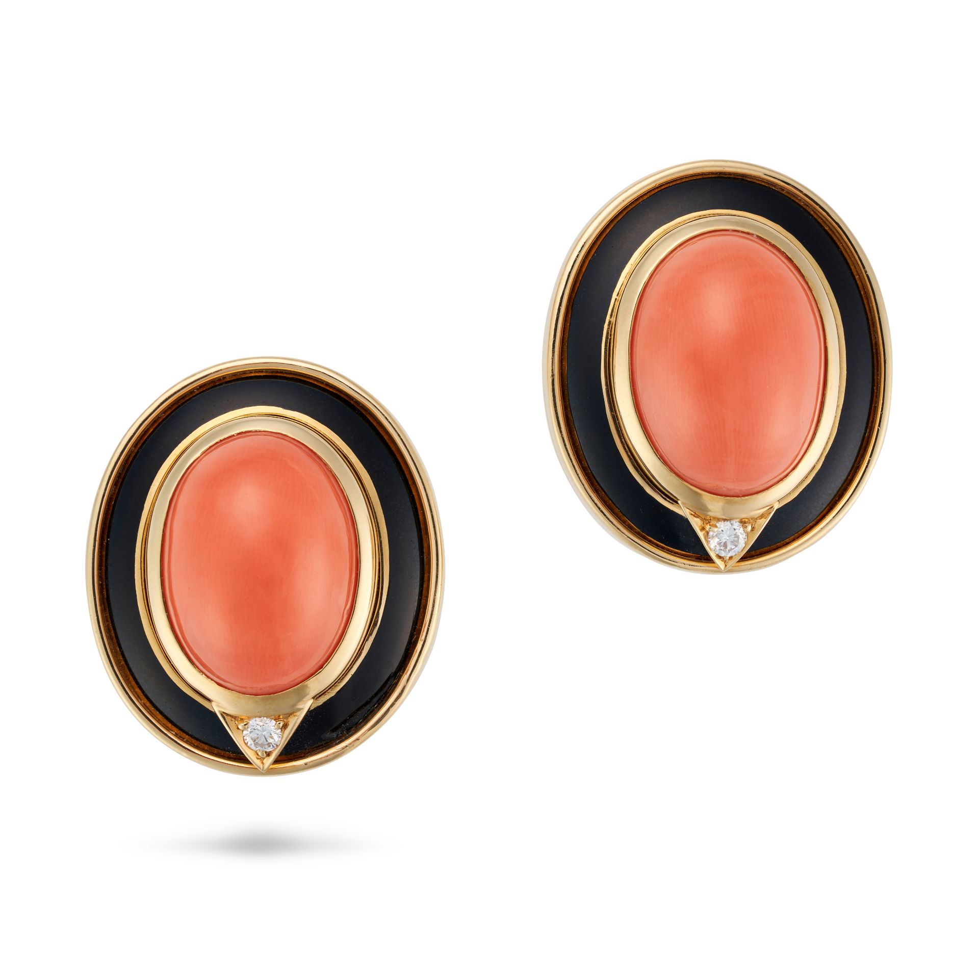 BULGARI, A PAIR OF CORAL, DIAMOND AND ENAMEL CLIP EARRINGS each set with an oval cabochon coral a... - Image 2 of 3