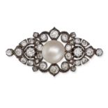 AN ANTIQUE NATURAL SALTWATER PEARL AND DIAMOND BROOCH in yellow gold and silver, set to the centr...
