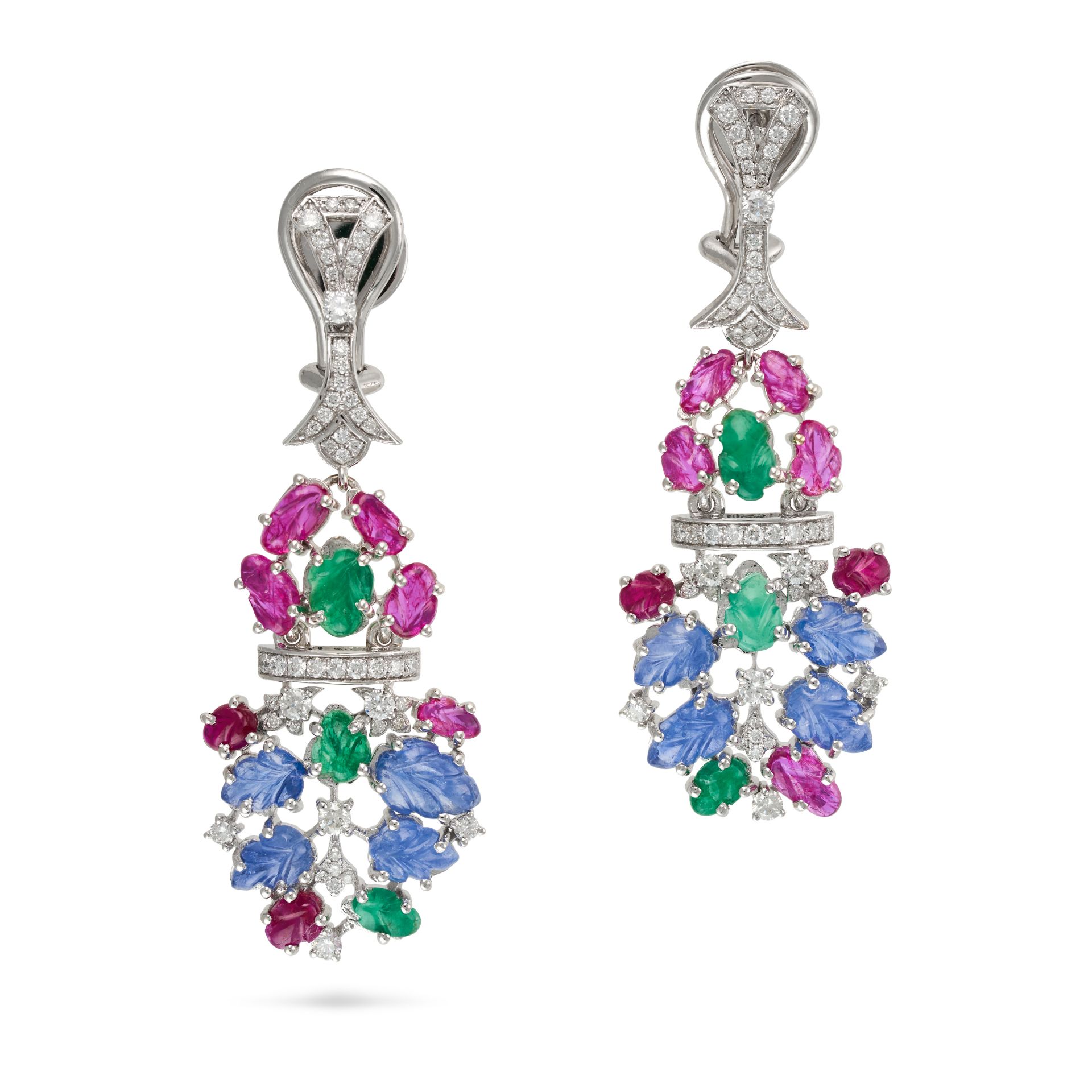 A PAIR OF EMERALD, RUBY, SAPPHIRE AND DIAMOND TUTTI FRUTTI DROP EARRINGS each comprising links se...