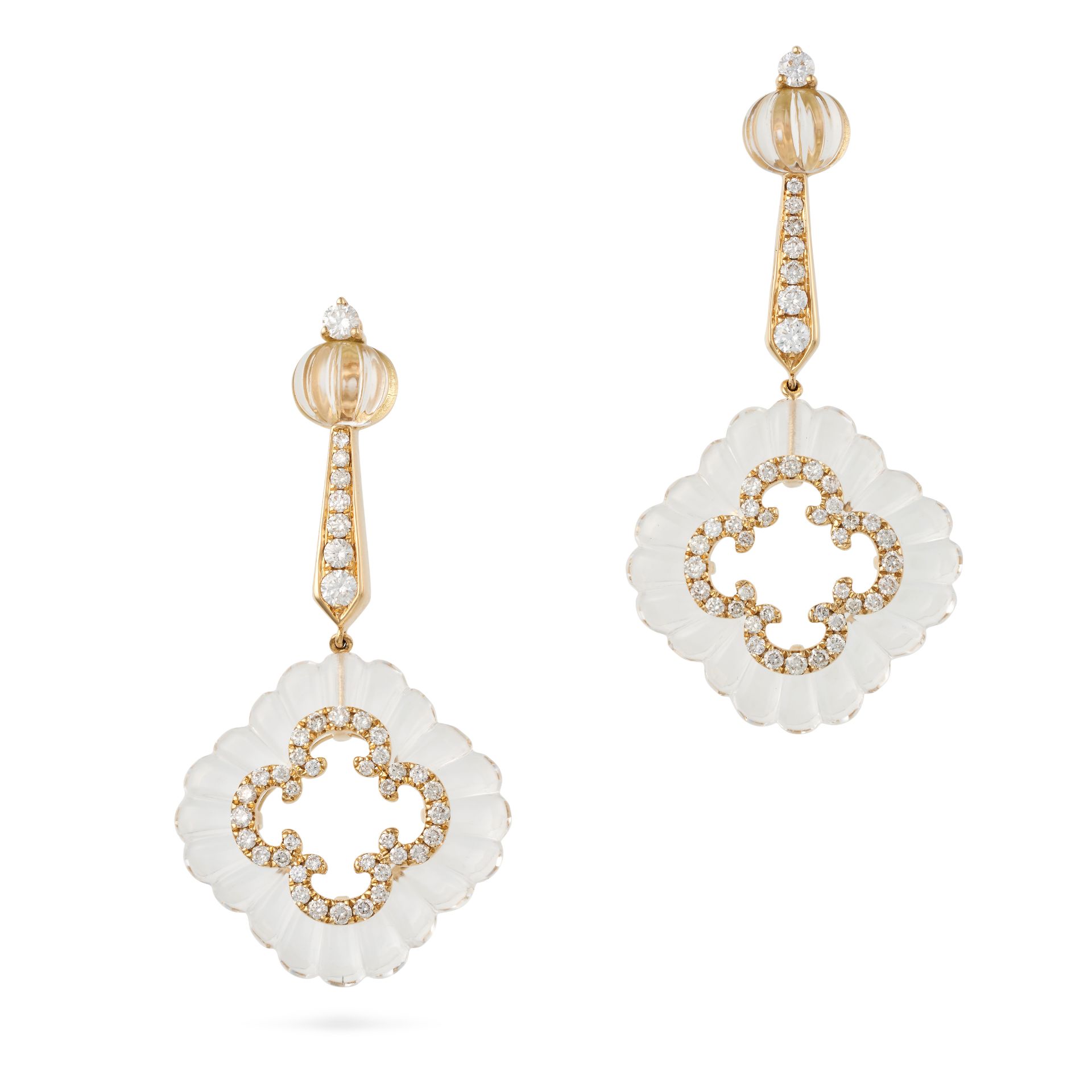 A PAIR OF ROCK CRYSTAL AND DIAMOND DROP EARRINGS each comprising a round brilliant cut diamond an...