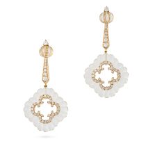 A PAIR OF ROCK CRYSTAL AND DIAMOND DROP EARRINGS each comprising a round brilliant cut diamond an...