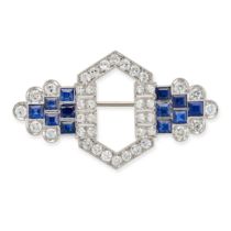 AN ART DECO SAPPHIRE AND DIAMOND BROOCH the geometric brooch set with old European and single cut...