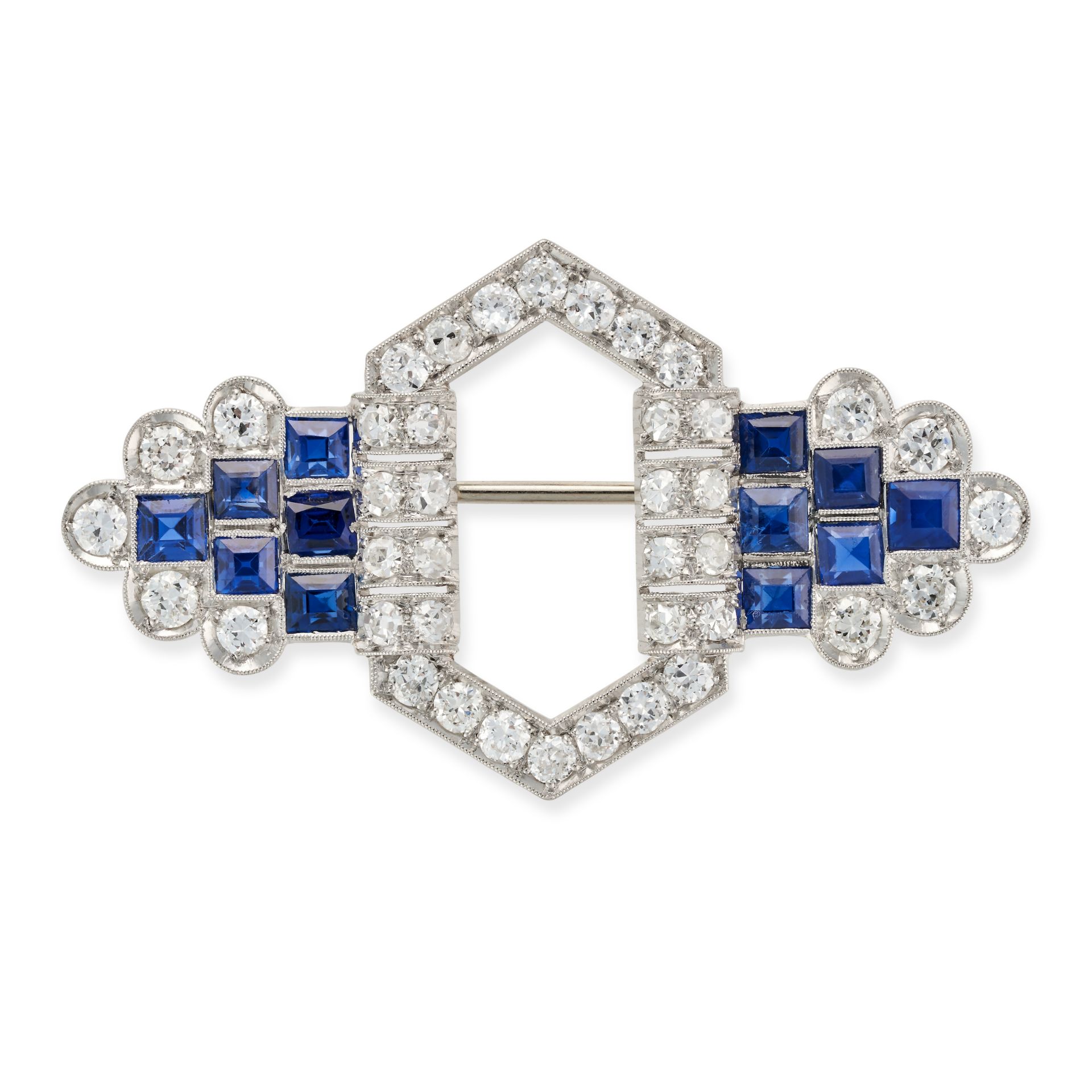 AN ART DECO SAPPHIRE AND DIAMOND BROOCH the geometric brooch set with old European and single cut...