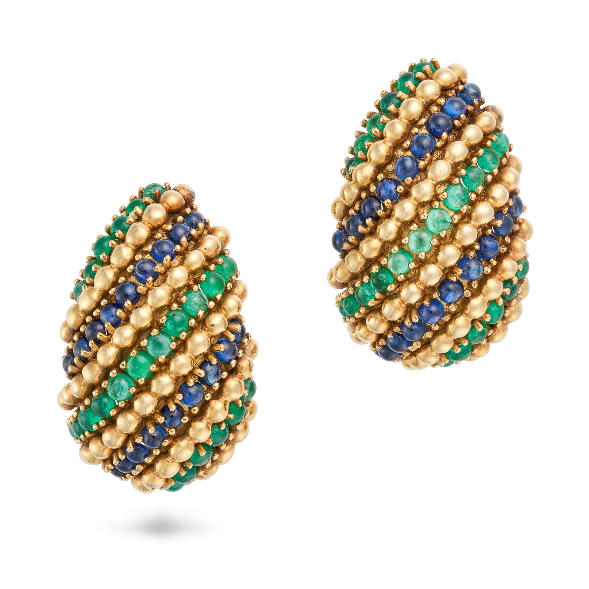 SABBADINI, A PAIR OF SAPPHIRE AND EMERALD CLIP EARRINGS each set with rows of round cabochon sapp...
