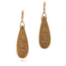 NO RESERVE - A PAIR OF LAVA CAMEO EARRING PENDANTS the pear shaped lava cameo pendants each carve...
