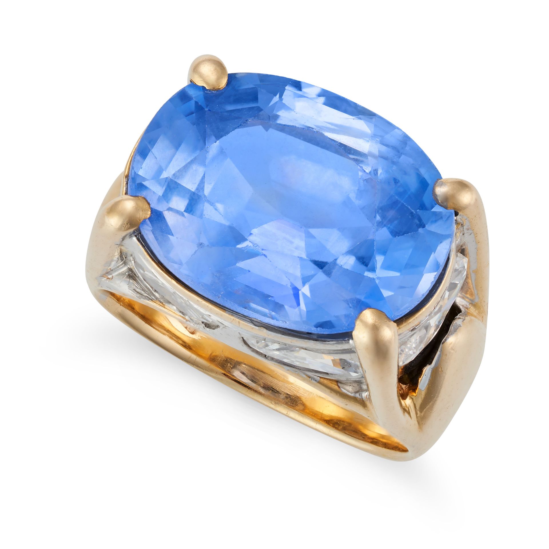 BULGARI, A CEYLON NO HEAT SAPPHIRE AND DIAMOND RING set with an oval cut sapphire of approximatel...