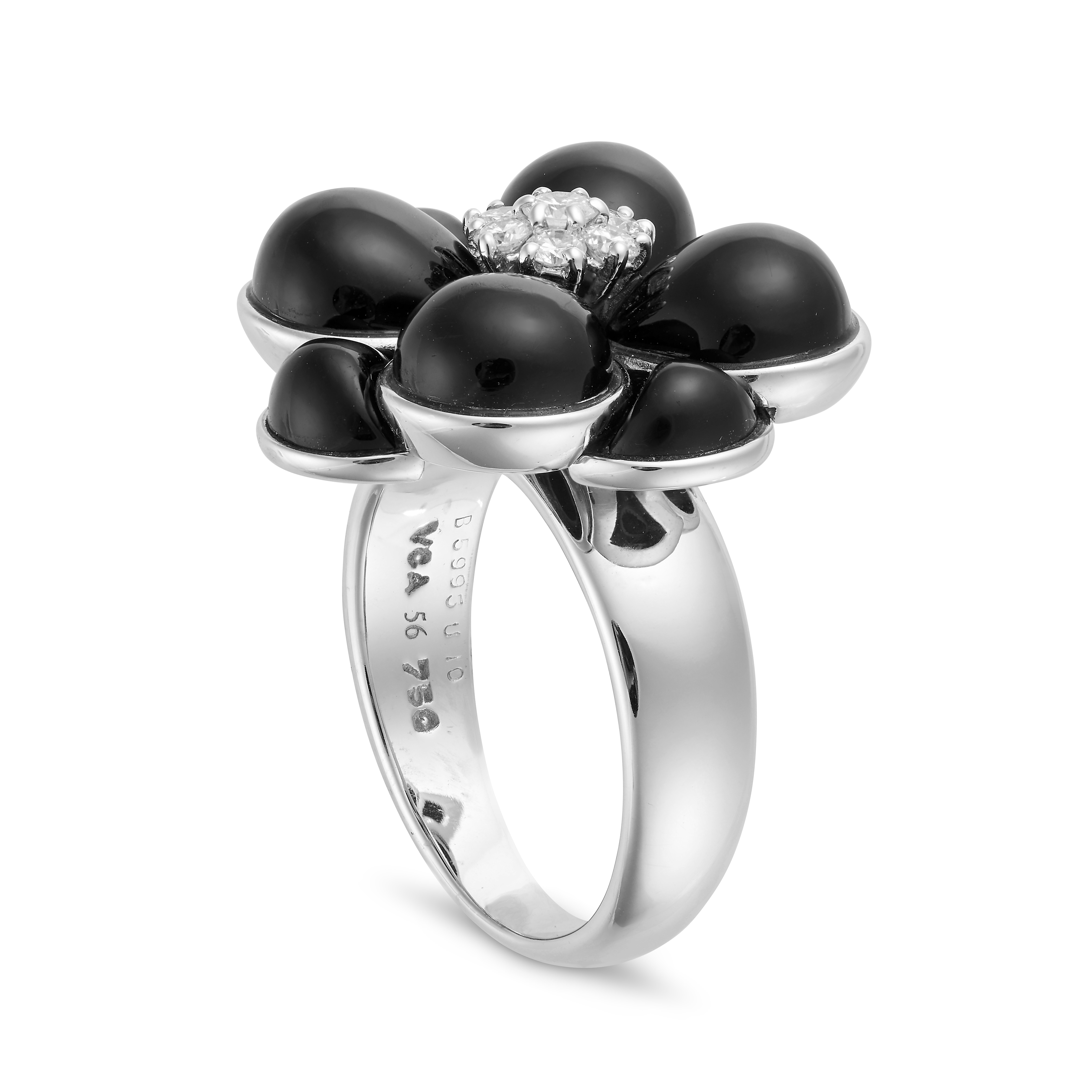 VAN CLEEF & ARPELS, A DIAMOND AND ENAMEL FLOWER RING designed as a flower set with polished onyx ... - Image 2 of 2