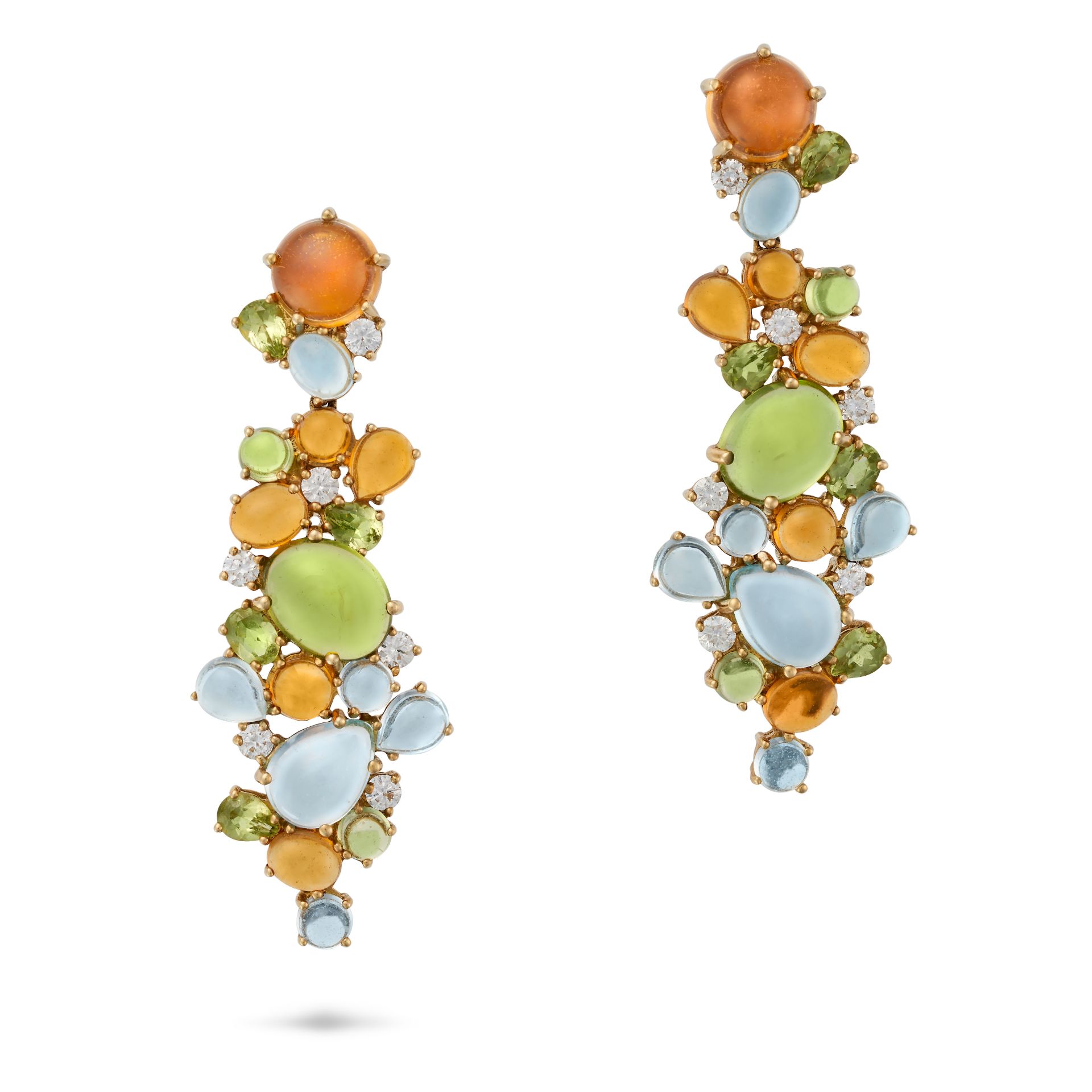 ROBERTO COIN, A PAIR OF MULTIGEM DROP EARRINGS each set with a cluster of cabochon citrine, blue ...