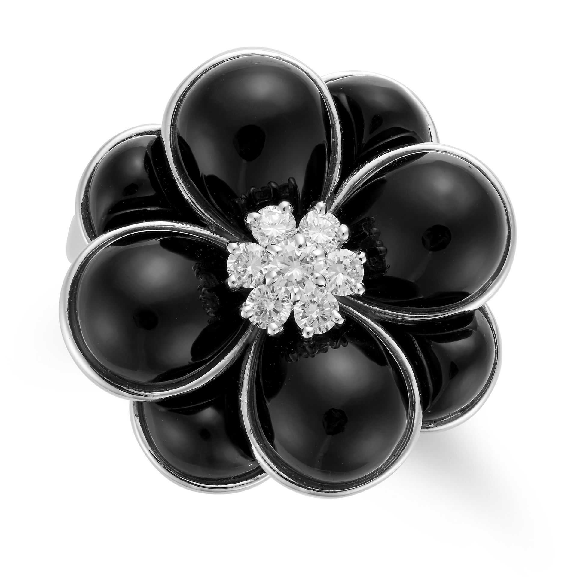 VAN CLEEF & ARPELS, A DIAMOND AND ENAMEL FLOWER RING designed as a flower set with polished onyx ...