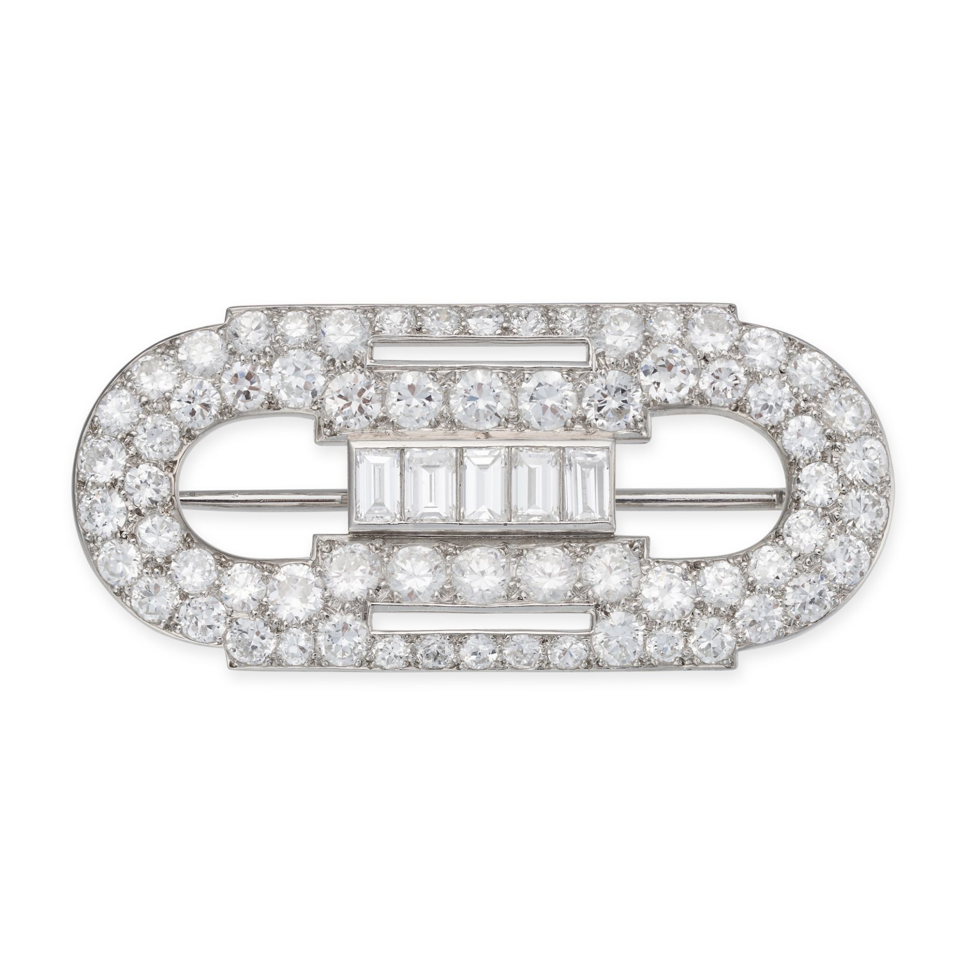 CARTIER, A FINE VINTAGE DIAMOND BROOCH, 1950S the geometric body set with a row of baguette cut d...