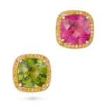 PAOLO COSTAGLI, A PAIR OF PINK TOURMALINE, PERIDOT AND YELLOW DIAMOND CLUSTER EARRINGS each set w...
