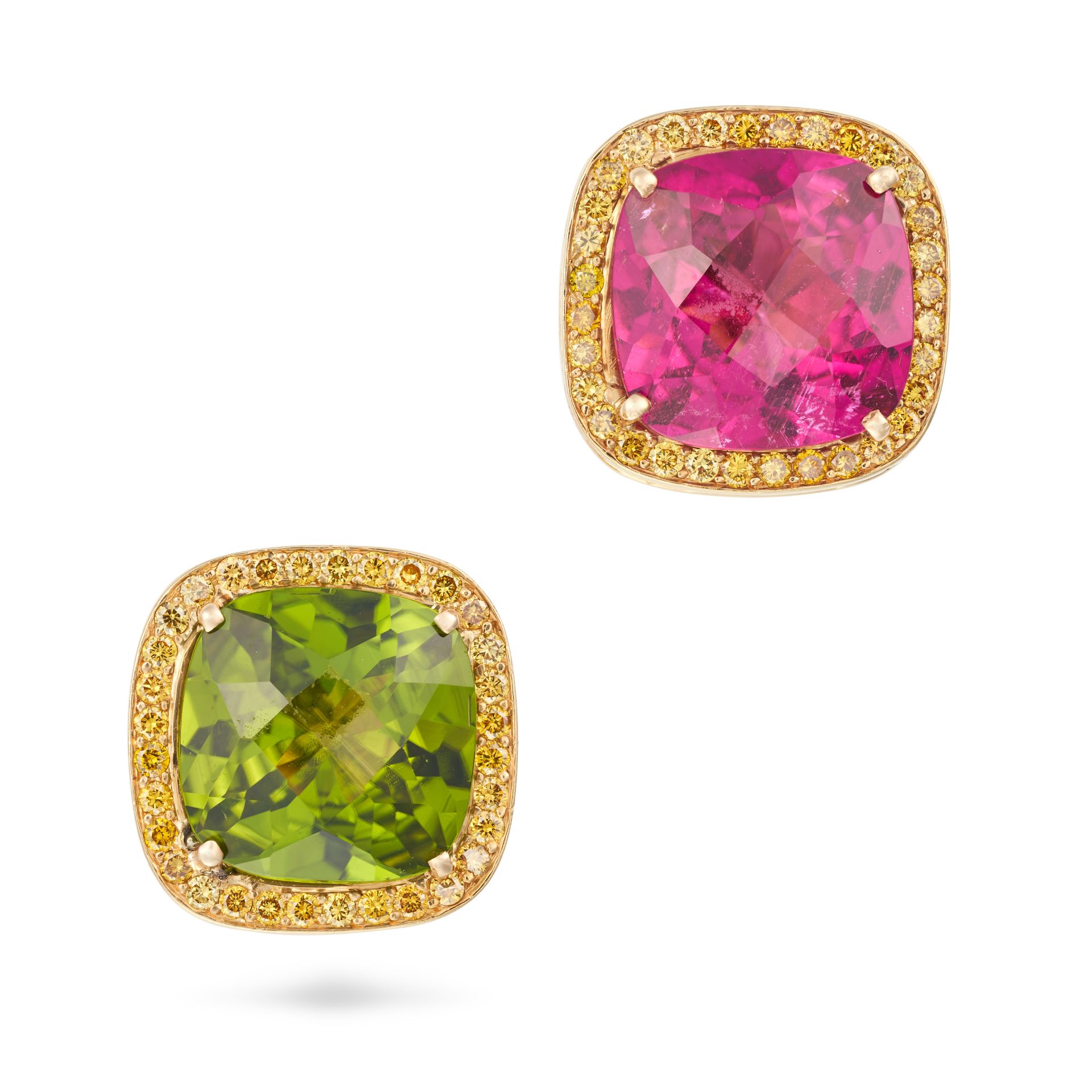 PAOLO COSTAGLI, A PAIR OF PINK TOURMALINE, PERIDOT AND YELLOW DIAMOND CLUSTER EARRINGS each set w...