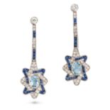 A PAIR OF AQUAMARINE, SAPPHIRE AND DIAMOND DROP EARRINGS each comprising a row of round cut diamo...