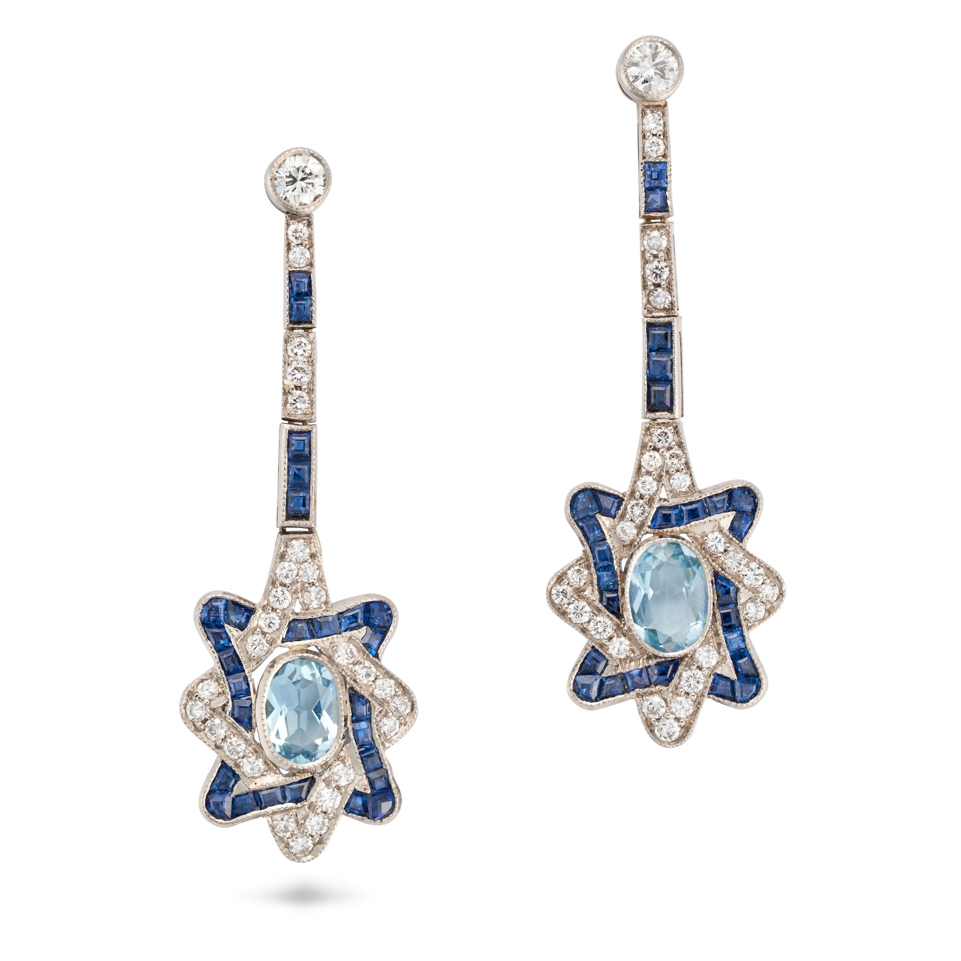 A PAIR OF AQUAMARINE, SAPPHIRE AND DIAMOND DROP EARRINGS each comprising a row of round cut diamo...