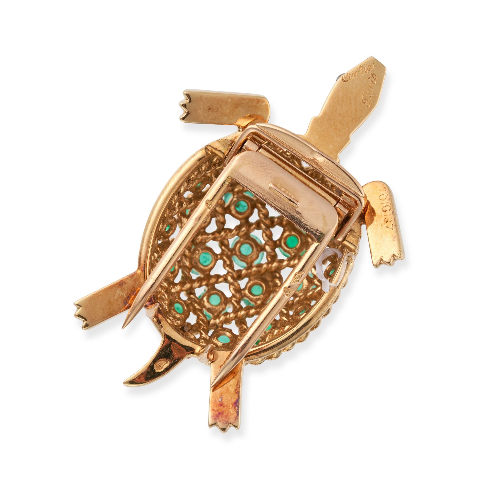 CARTIER, A VINTAGE EMERALD AND SAPPHIRE TURTLE BROOCH in 18ct yellow gold, the shell set with rou... - Image 2 of 2