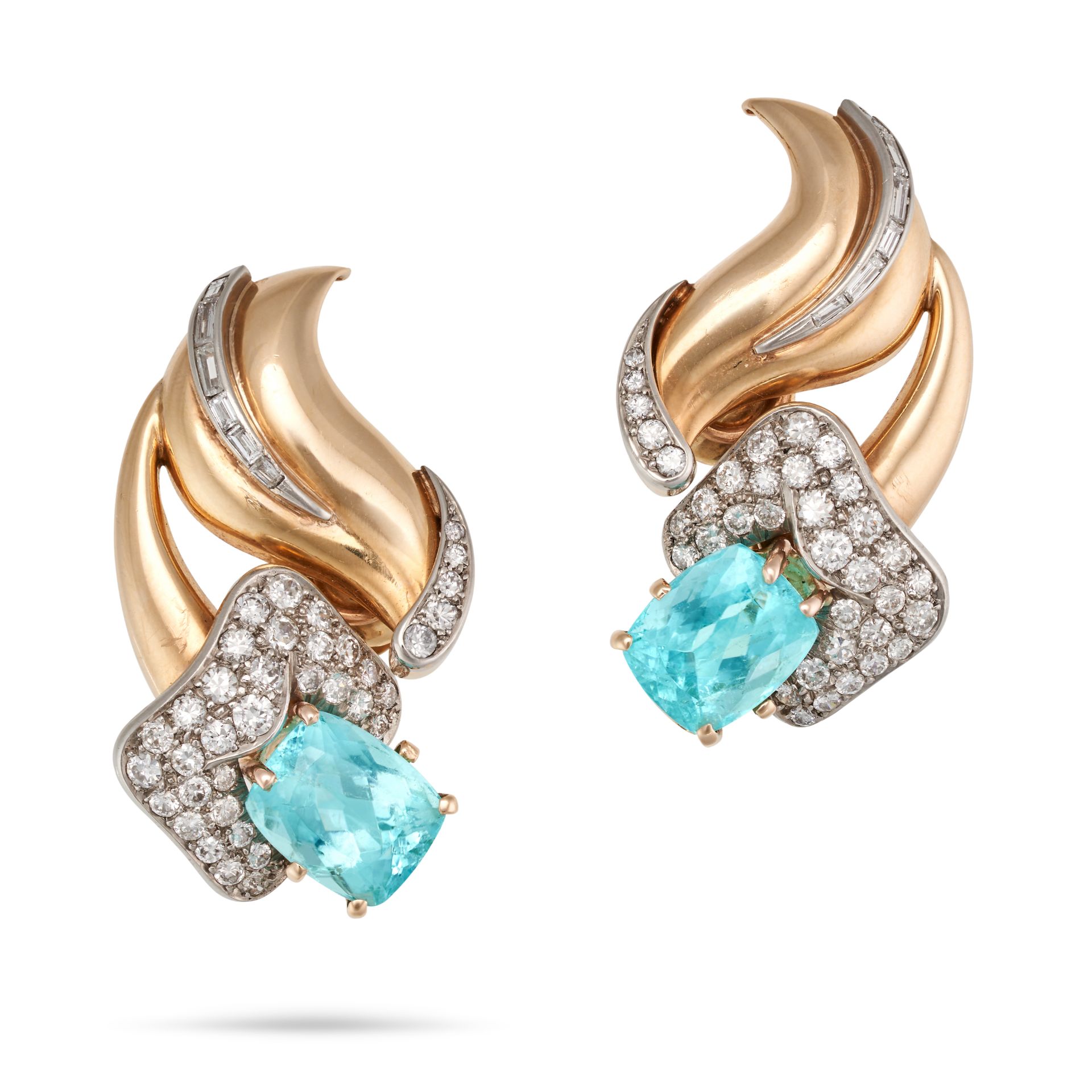 TRABERT & HOEFFER MAUBOUSSIN, A PAIR OF RETRO PARAIBA TOURMALINE AND DIAMOND EARRINGS in 14ct yel...