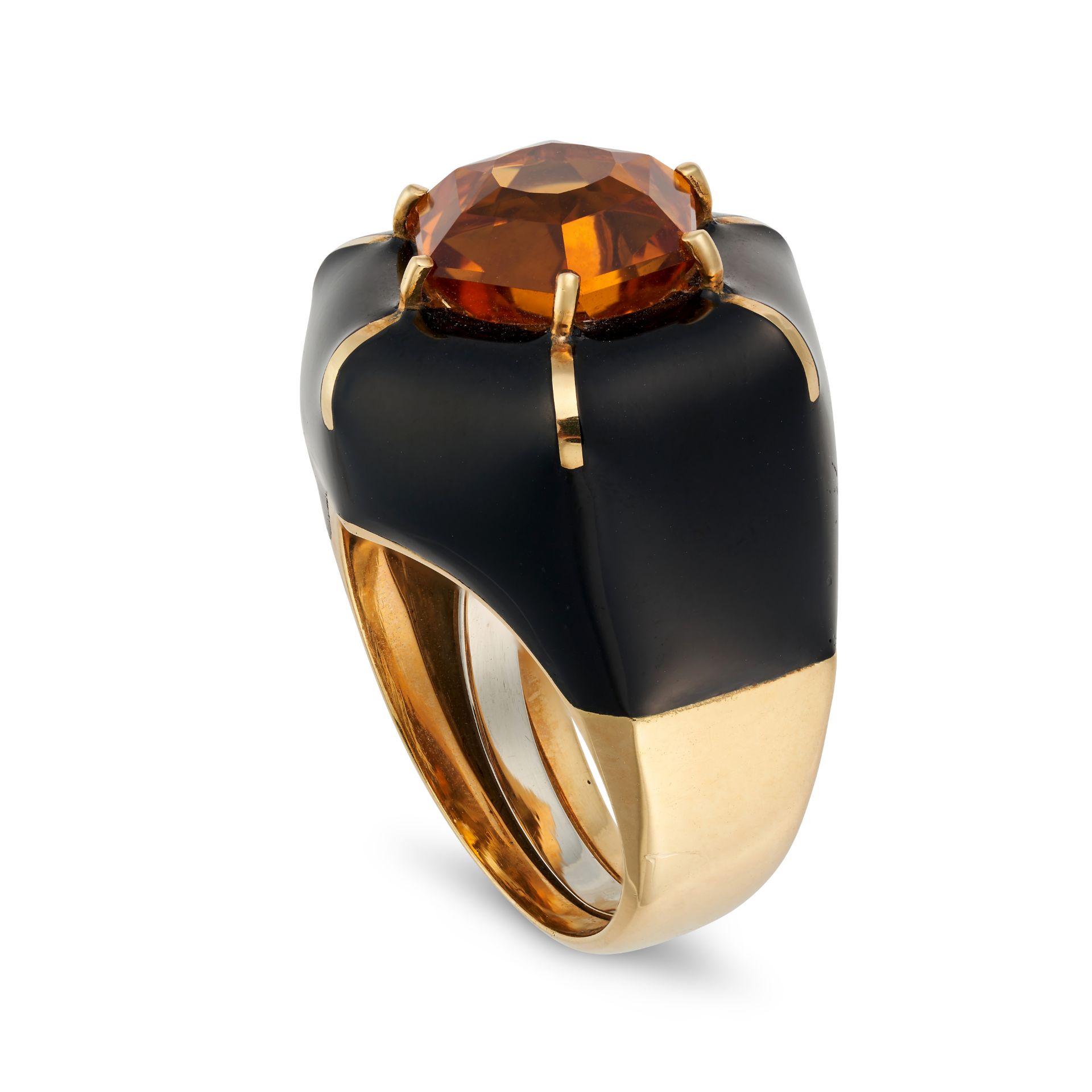 DAVID WEBB, A CITRINE AND ENAMEL RING set with a hexagonal cut citrine, the mount relieved in bla... - Image 2 of 2