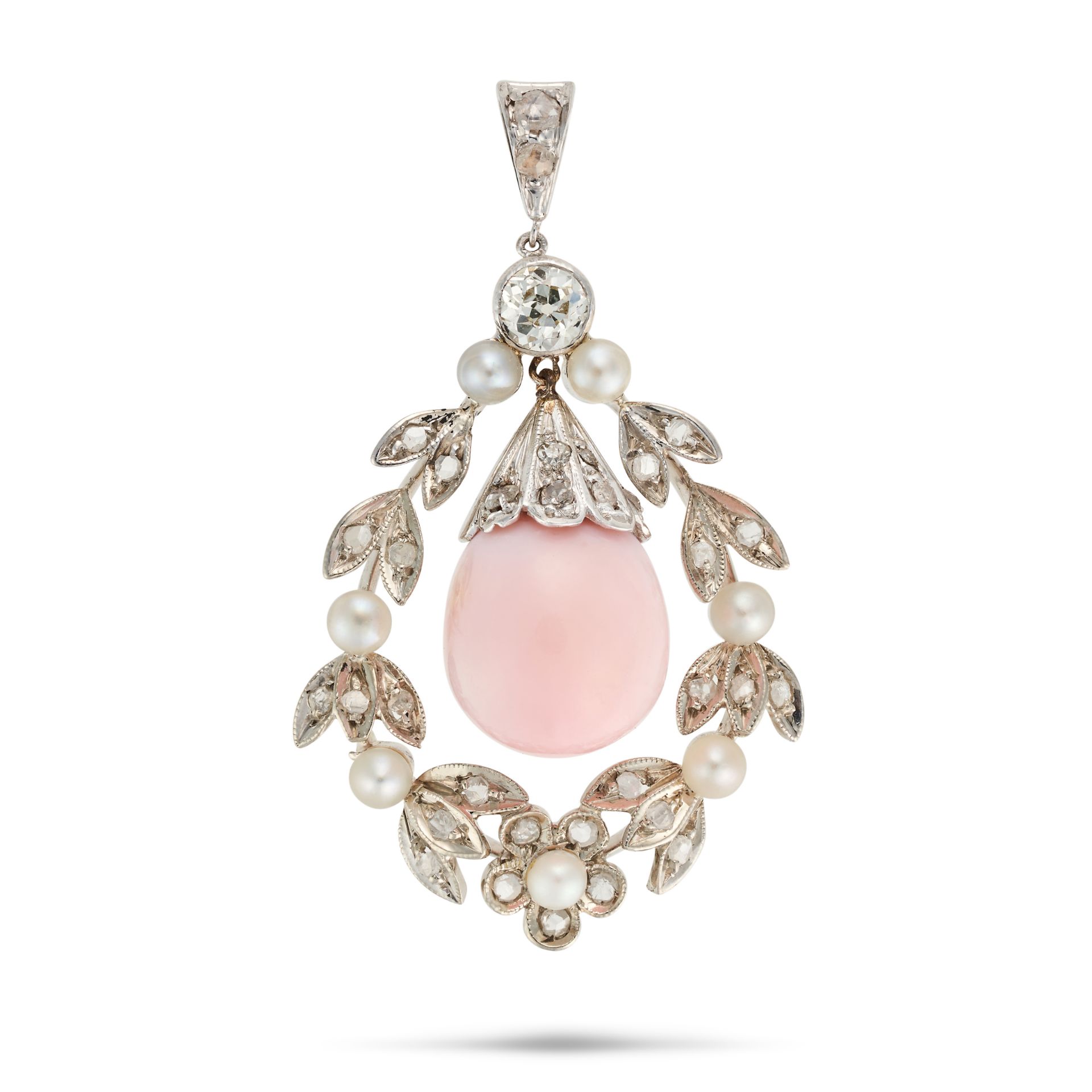A CONCH PEARL AND DIAMOND PENDANT the pendant designed as a laurel wreath set with old and rose c...