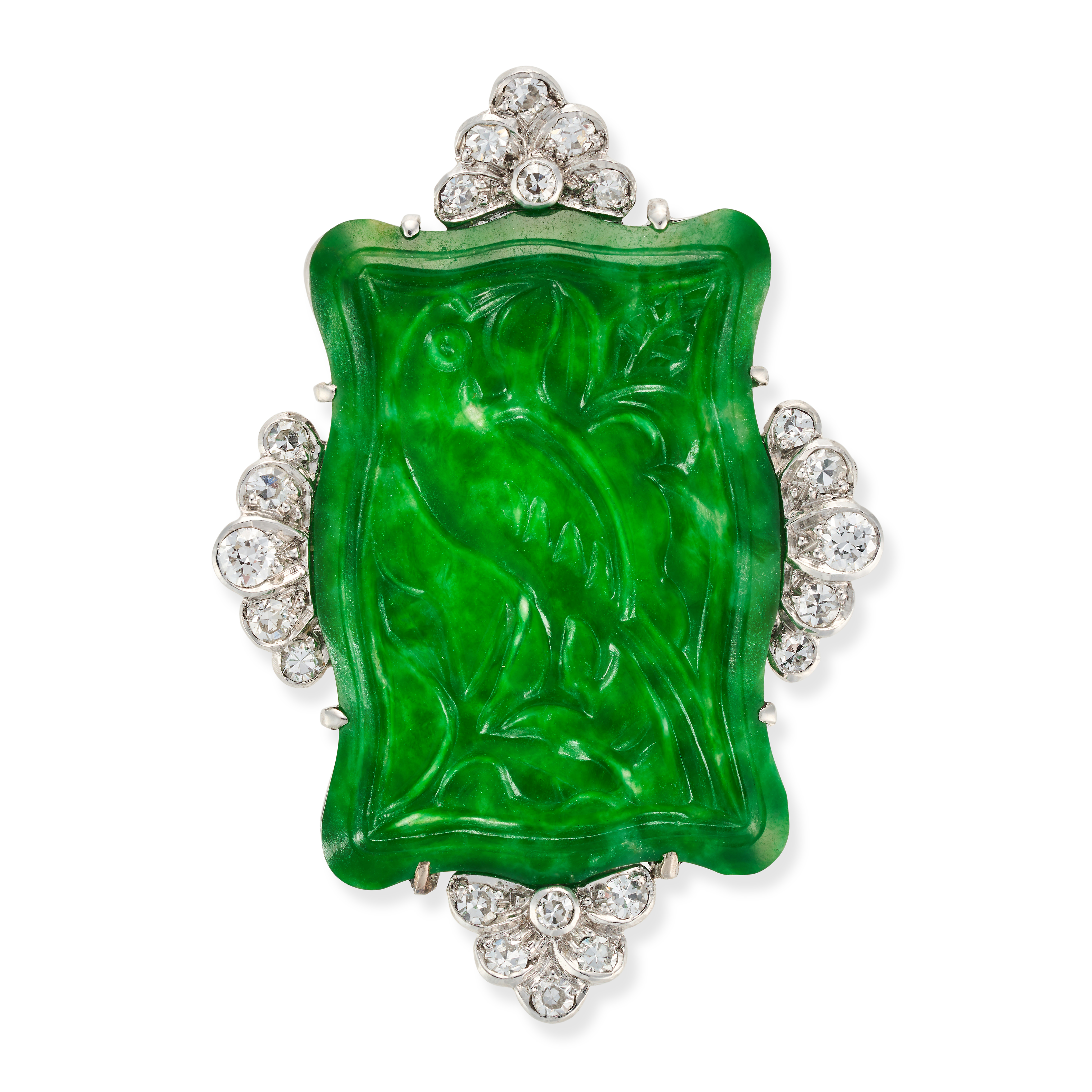 A NATURAL JADEITE JADE AND DIAMOND BROOCH set with a jadeite jade plaque carved to depict a bird ...